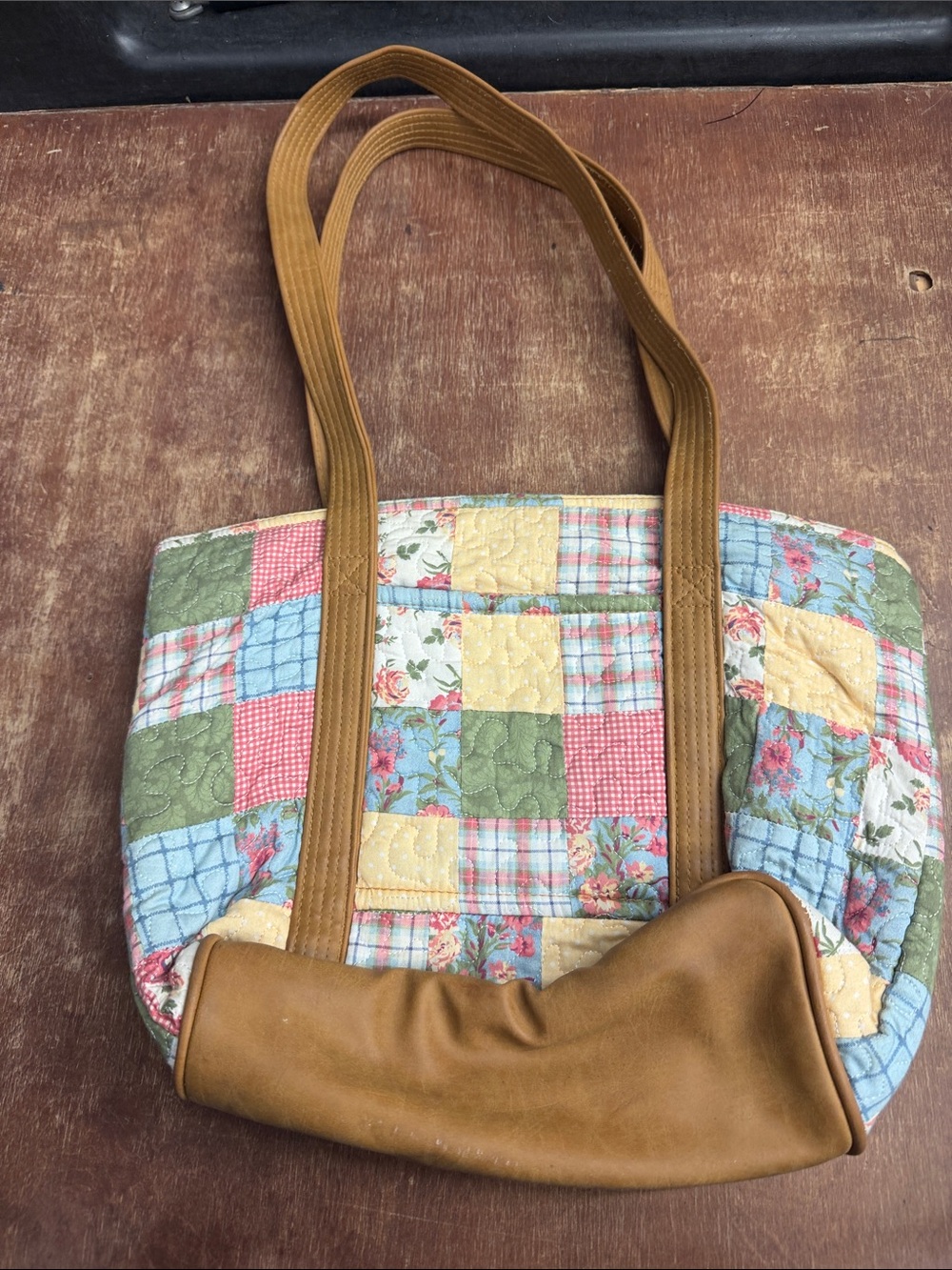 Patchwork Quilted Tote Bag with Tan Trim